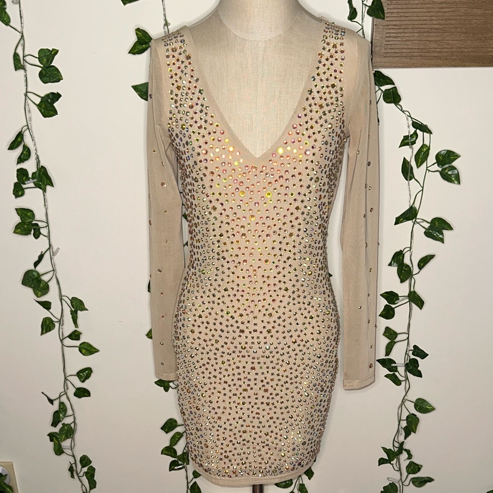 HMS Hot Miami Styles V-Neck Bodycon Midi Mesh Sleeve Rhinestone Dress